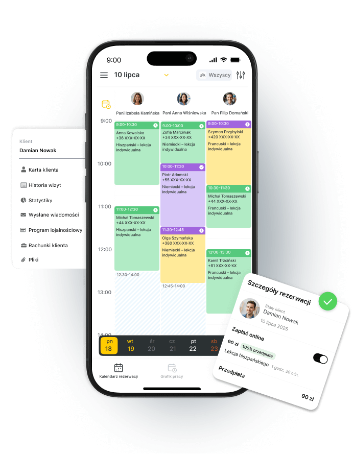 Mobile app interface showing student management calendar and appointment details